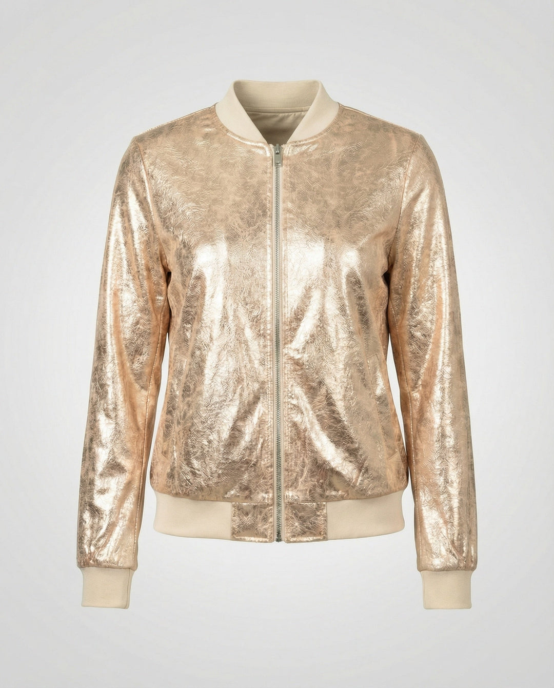 Chaqueta bomber brillante para mujer con cierre de cremallera