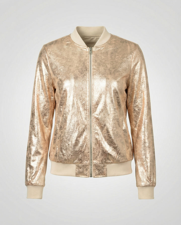 Chaqueta bomber brillante para mujer con cierre de cremallera