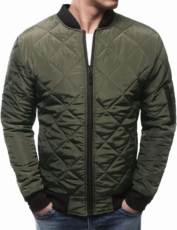 Men's Quilted Bomber Jacket – Stylish Baseball Collar with Zip