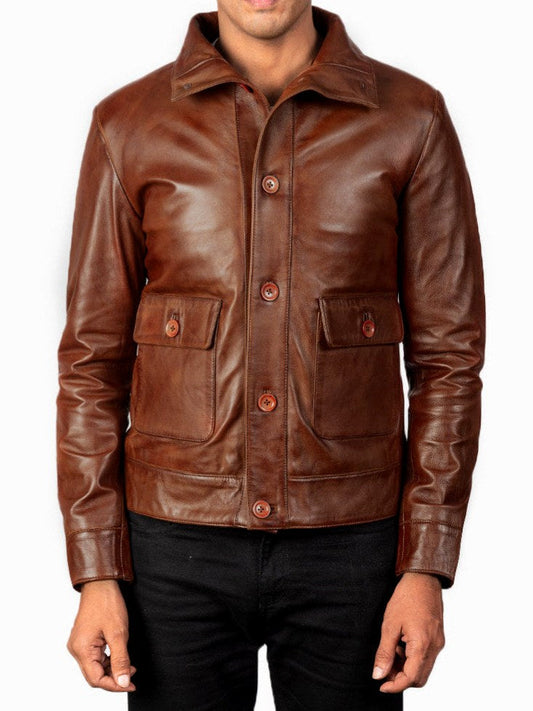 Veste en cuir pour homme à fermeture boutonnée sur le devant et col montant