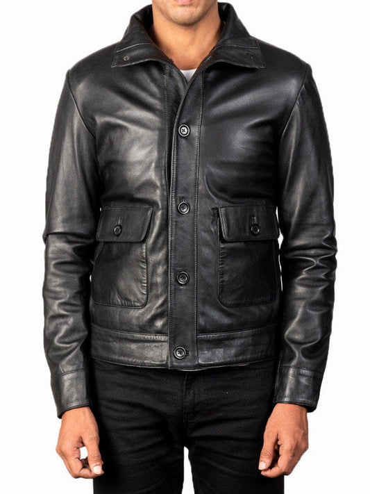 Veste en cuir pour homme à fermeture boutonnée sur le devant et col montant