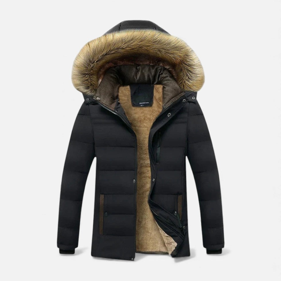 Parka acolchoada para homem com capuz de pelo sintético