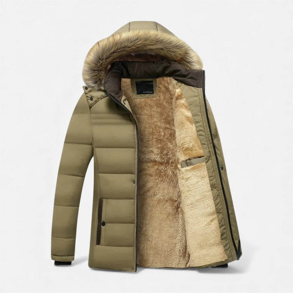 Parka acolchoada para homem com capuz de pelo sintético