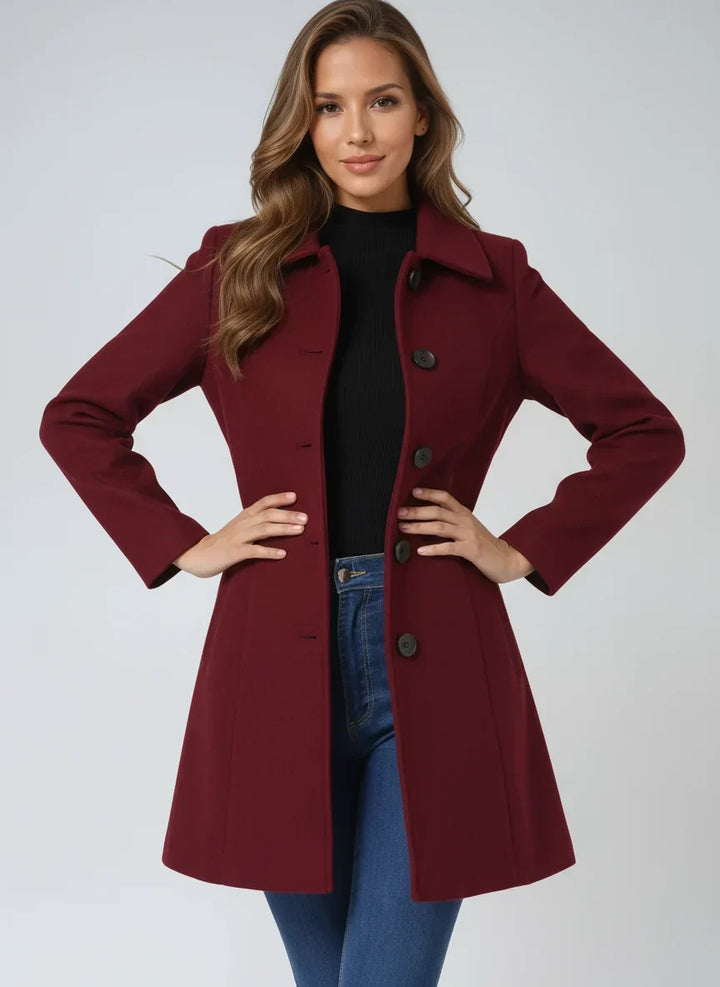 Gabardina editorial cintada e evasé com lapela dentada para mulher