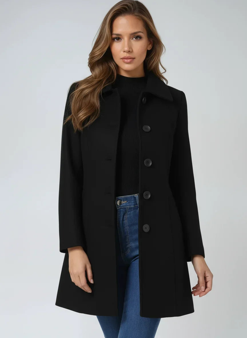 Gabardina editorial cintada e evasé com lapela dentada para mulher