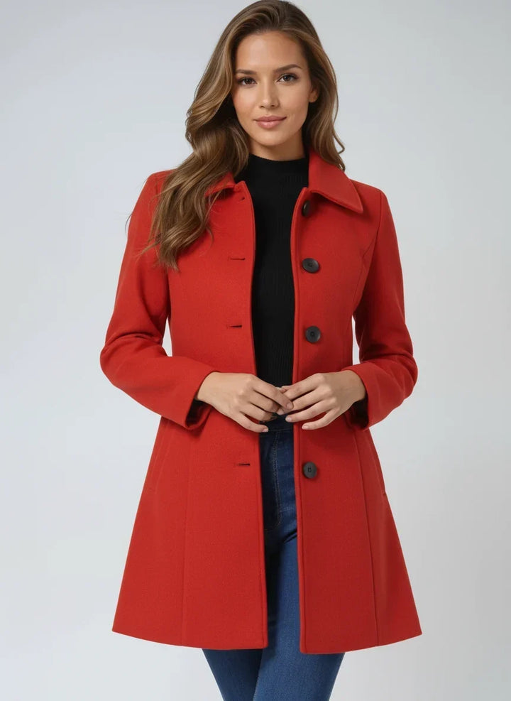 Gabardina editorial cintada e evasé com lapela dentada para mulher