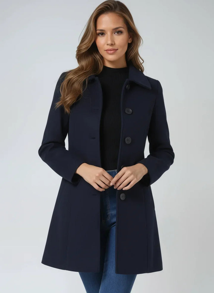 Gabardina editorial cintada e evasé com lapela dentada para mulher