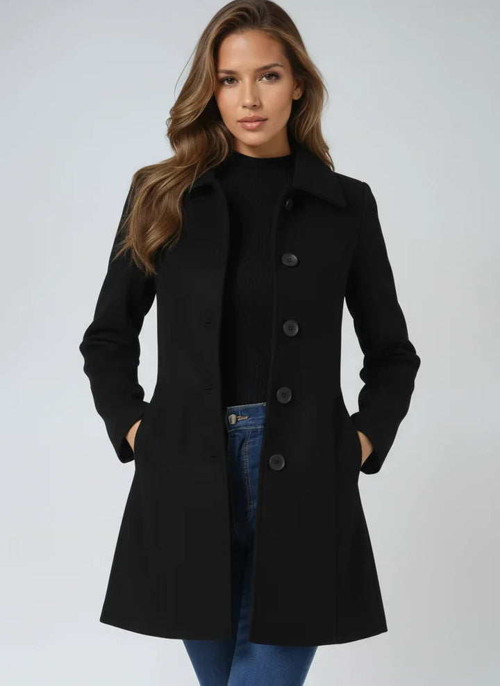 Gabardina editorial cintada e evasé com lapela dentada para mulher