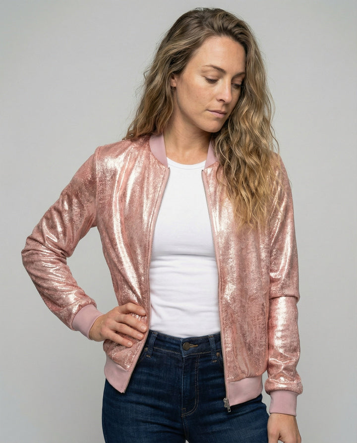Chaqueta bomber brillante para mujer con cierre de cremallera