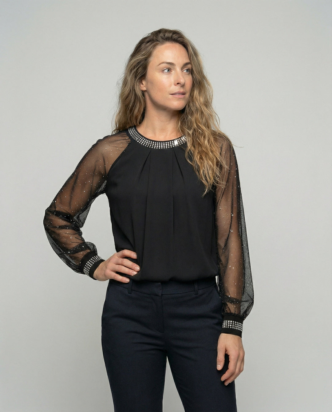 Women's Elegant Mesh Top with Sequins and Sheer Sleeves-The Yellow Prime