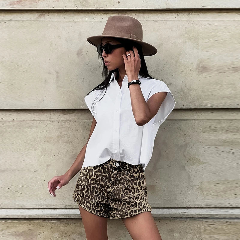 Women's Denim Leopard Print Shorts-The Yellow Prime