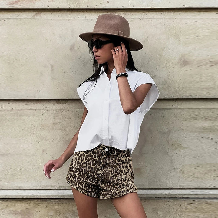 Women's Denim Leopard Print Shorts-The Yellow Prime
