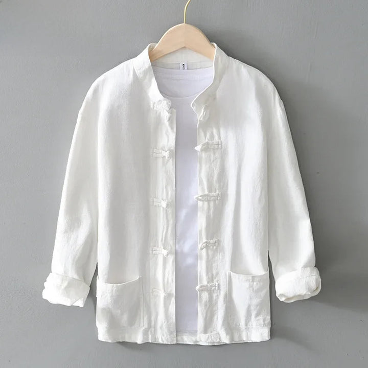 Men's Cotton-Linen Mandarin Collar Shirt-The Yellow Prime