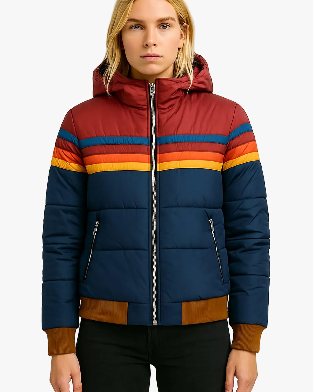 Veste matelassée à capuche pour femme avec détails à rayures