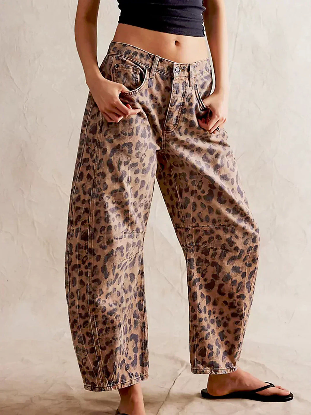 Women's Leopard Print Wide Leg Denim Pants