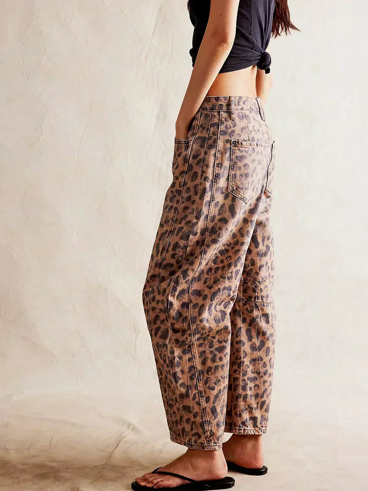 Women's Leopard Print Wide Leg Denim Pants