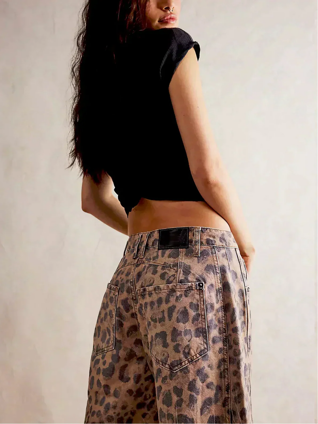 Women's Leopard Print Wide Leg Denim Pants